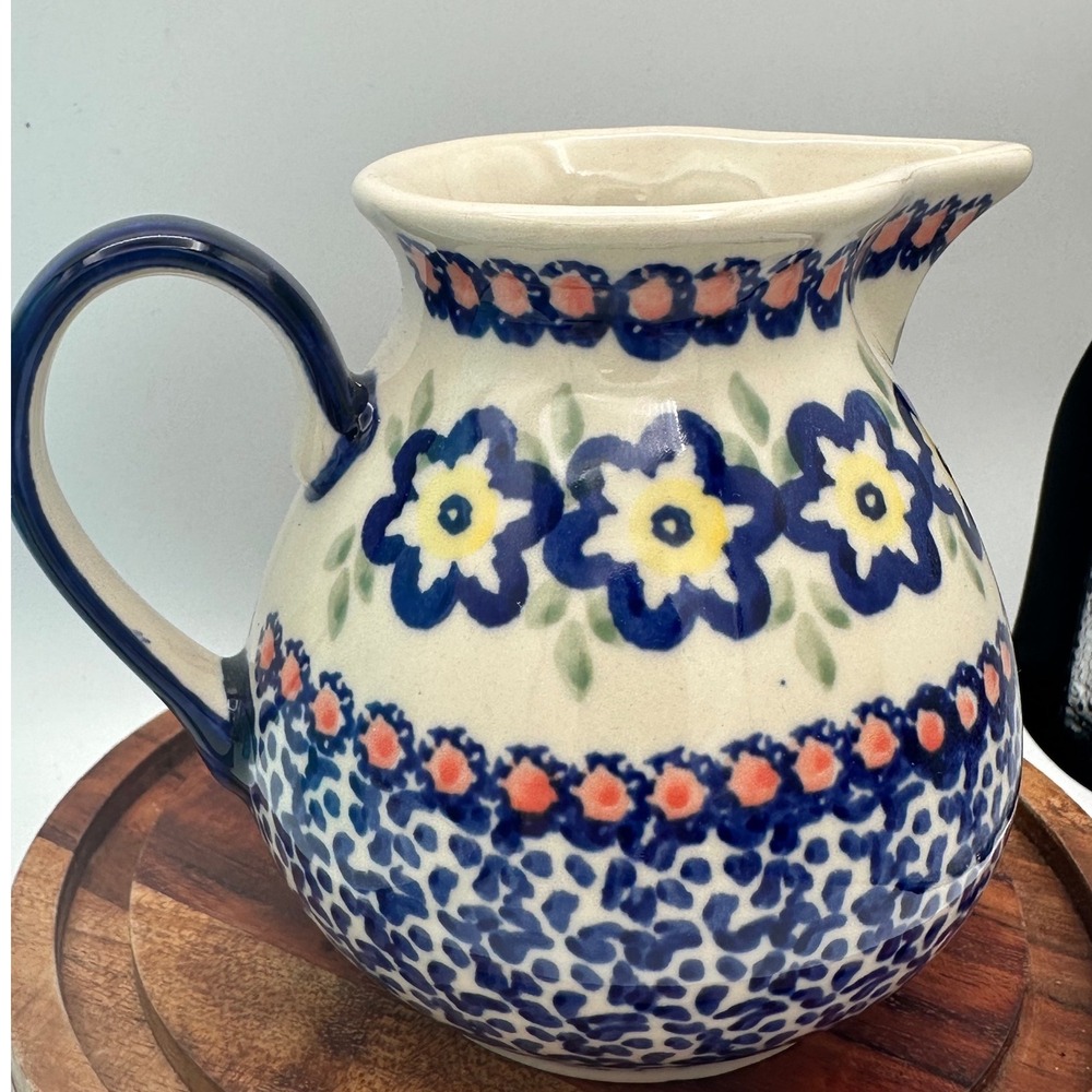 Bolesławiec Polish Pottery Unikat Floral Blue Pitcher Creamer Pat 102 Quality 1